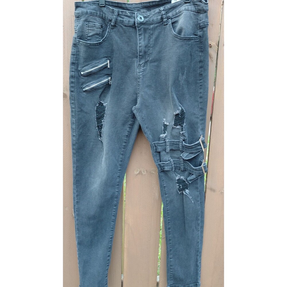 Jeans Womens Distressed Skinny Jeans XL Black Zippers & Buckle Straps Streetwear